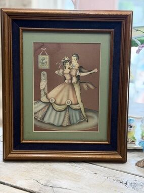 Vintage 1940’s Romantic Framed Print. Navy Velour Edge. 11.25x13.25